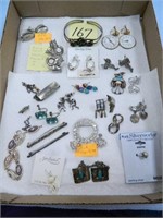 Flat of Assorted Sterling Pieces, Earrings,