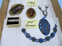 1920's Style Blue Rhinestone Pendant and Bracelet,