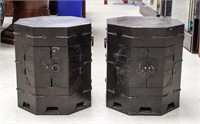 Pair Korean Octagonal Wood Carved Storage Cabinets