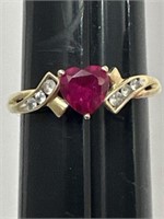 Sz.8 10k. Yellow Gold/Ruby Heart/Diamond Ring
