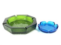 2 MCM Heavy Glass Ashtrays Dishes Blue Green