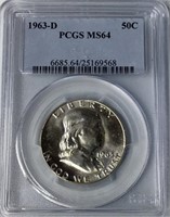 1963D Ben Franklin Half Dollar PCGS MS 64
