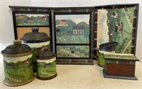 Vtg. Valerie Pillow Folk Art Ceramic Jars, Wood