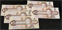 5 Assorted 1986 Bank of Canada $2 Bank Notes