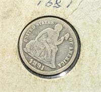 1891 United States Silver 10-Cent Dime Coin