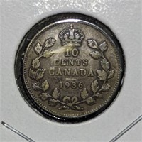1936 Canadian Silver 10-Cent Dime Coin