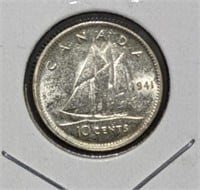 1941 Canadian Silver 10-Cent Dime Coin