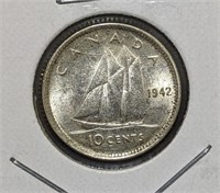 1942 Canadian Silver 10-Cent Dime Coin