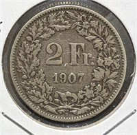 1907 Switzerland Silver 2 Francs Coin