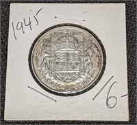 1945 Canada Silver 50-Cent Half Dollar Coin