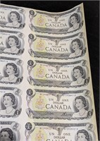 1973 Bank of Canada UNCUT $1 Bank Note Sheet
