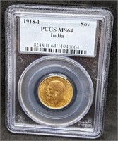 1918 I India Gold Sovereign Coin - PCGS Grade MS64