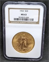 1922 USA $20 Gold Double Eagle Coin - NGC MS63