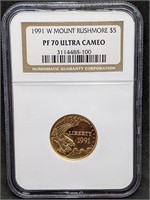 1991 W USA $5 Gold Coin - Mount Rushmore - PF70 UC