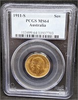 1911 S Australia Gold Sovereign Coin - PCGS MS64