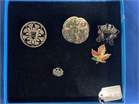 5 Sterling Silver Brooches, Pins, incl Mexico