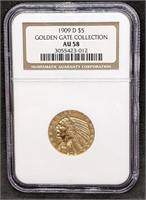 1909D USA $5 Gold Indian Head Half Eagle NGC AU58
