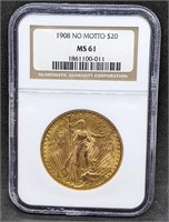 1908 USA Gold $20 Double Eagle Coin - No Motto