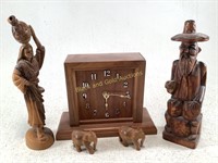 Wooden Clock & Statues