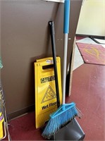 Misc. Lot 2 wet floor signs, broom and dust pan