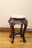 Marble Top Carved Asian Wood Table