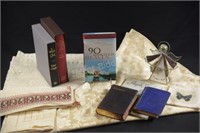 Hard Cover Books, Table Cloth,Stain Glass Figurine