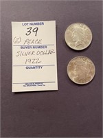 2 1922 Peace Silver Dollars