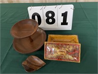 2 Wooden items, 1 Glass Dish has 229 USA on