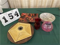 5 Glass Items, Lazy Susan, Tray 2 Vases