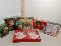Christmas lights, cards, Santa puzzle + serving