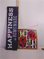 Happiness metal sign decor and floral picture