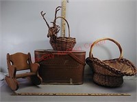 Wood doll chair, picnic basket, (2) wicker