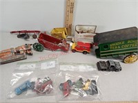 Metal toys, Tonka van, Stanley dump wagon, and