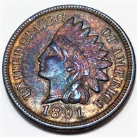 1891 Indian Head Penny AU/BU Toned