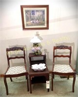 (2) SIDE CHAIRS, SIDE TABLE, LAMP, BOWL, FUGURE,