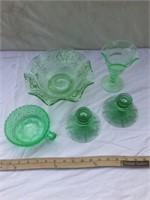 5- GREEN GLASSWARE BOWLS, CANDLE STICK