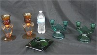 2 SETS OF GLASS CANDLE HOLDERS & GREEN ASHTRAY