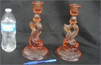 PAIR OF GLASS FISH CANDLE STICK HOLDERS-DOLPHINS