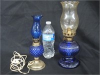 BLUE GLASS OIL LAMP & ELECTRIFIED OIL LAMP W/SHADE