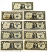 9 One Dollar Silver Certificate Paper Notes