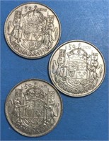 3 Fifty Cents Silver Canada 1945-1951