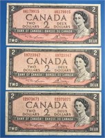 3 Canadian 1954 $2 Banknotes