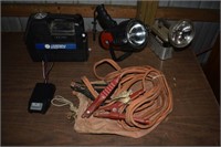 Lot:  Jumper cables, CH 12v compressor, flashlight
