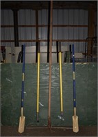 5 hand tools:  2 rakes, 2 trenching spades, trimme