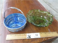 Two Pcs Blue & Green Glass Dishes