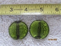 2  Vintage Glass Beads Green Silver Foil Jewelry