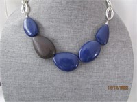 Necklace 18" Navy Blue Beads Silver Tone Chain