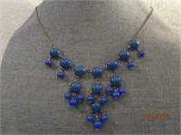 Necklace 25" Statement Blue Bead & Gold Tone Chain