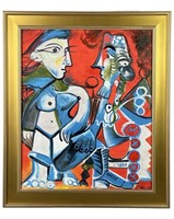 Pablo Picasso (in Style) Man & Nude Woman Painting