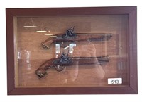 (2) Repro Antique Flintlock Pistols Display Case